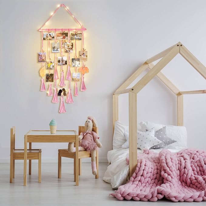 Hanging Photo Display Wall Decor, Pink Macrame Wall Hanging Boho Room Bedroom Decor, Picture Frame Collage with Remote Light & 30 Clips, Christmas Teenage Teen Girl Gifts Ages 10 11 12 13 14 Years Old - Image 3