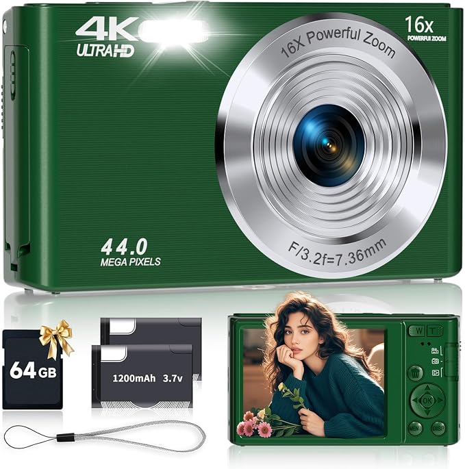 Digital Camera, FHD 4K Autofocus Compact Digital Cameras for Teens, Green Point and Shoot Camera for Kids with 16X Zoom, 64GB SD Card, 2026 Upgraded Small Digital Camera for Boys Girls Teens Kids Gift by SMARTKLIK