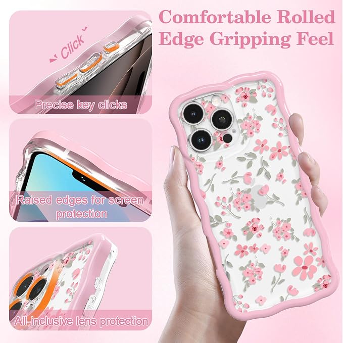 QLTYPRI for iPhone 15 Pro Max Pink Flower Case, Clear Cute Pink Floral Flower Phone Case Curly Wavy Aesthetic Phone Cover, Soft Slim Transparent TPU Shockproof Protective Cover for Women Girls - Pink - Image 3
