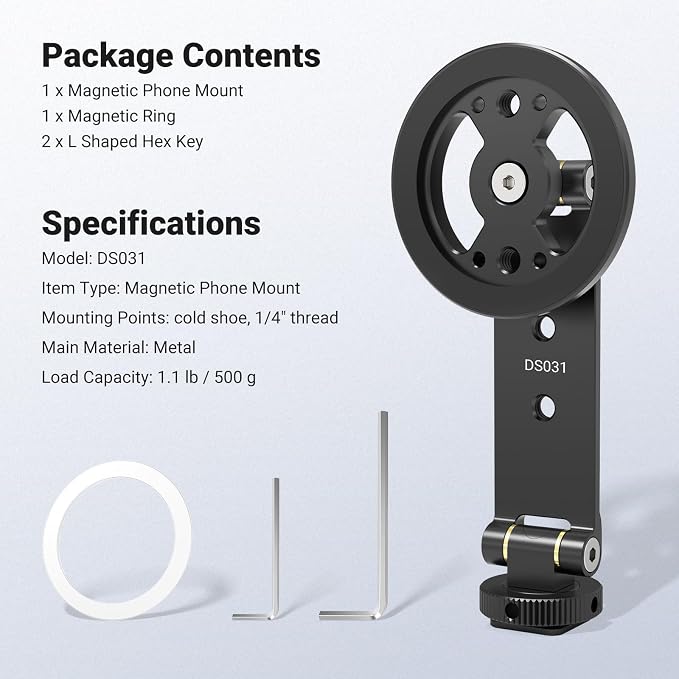 NEEWER Magnetic Phone Tripod Mount Compatible with MagSafe iPhone Samsung, Metal Adjustable Rotatable Cellphone Holder Adapter w/Cold Shoe for Tripod Mounting Camera Monitoring Video Recording, DS031 - Image 8