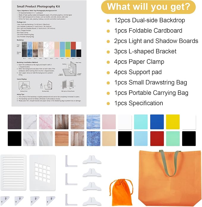 Meking 12Pcs 22Patterns Small Product Photography Backdrops Kit | Photo Background Food Photography Backdrop Board with Carrying Bag and Drawstring Bag(16.5X11inch) - Image 6