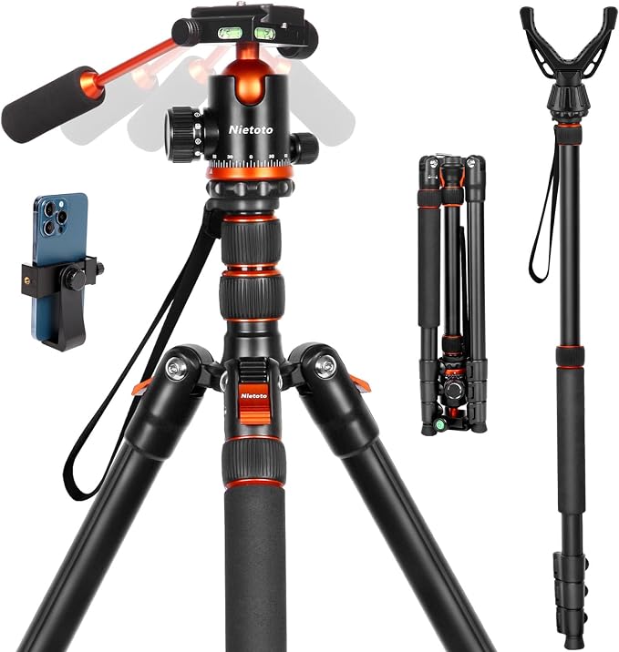 2 in 1 Camera Tripod & Hunting Stand Foldable, 68" Ball Head Tripod for Camera and Phone, Heavy Duty Tripod for DSLR Camera Lasers Binoculars Telescope Spotting Scope, Min Size 16.5" with Bag by Nietoto-US