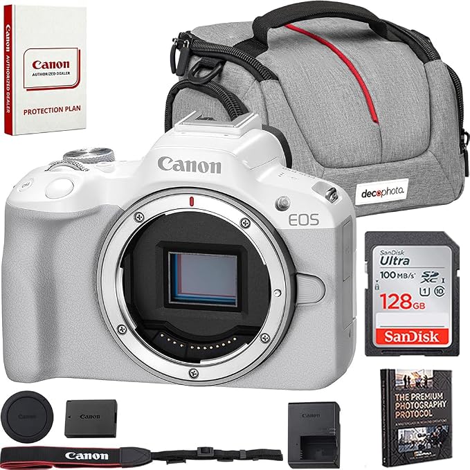 Canon EOS R50 Mirrorless Camera Body Only (White) 5812C002 Bundle with Sandisk 128GB Memory Card, Deco Essentials Camera Bag and Premium Photography Protocol Ebook Digital Download Guide by Unknown