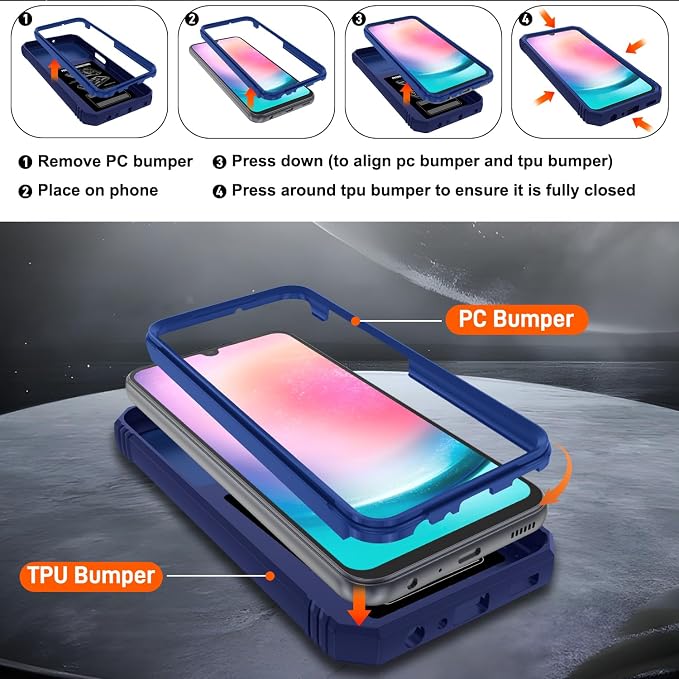 Fit for Samsung A24 Phone Case with 2PCS Screen Protector, Build in 360° Rotating Ring Kickstand, Military Grade Protective Case for Samsung A24 Case Phone, Blue - Image 2