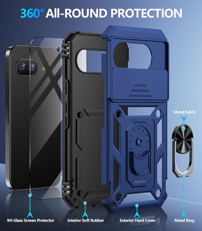 Taisairu for Google Pixel 10A Case with Screen Protector & Slide Camera Lens Cover,Built-in 360°Rotate Magnetic Ring Stand Shockproof Protective Phone Case for Google Pixel 10A Case (Blue) - Image 2