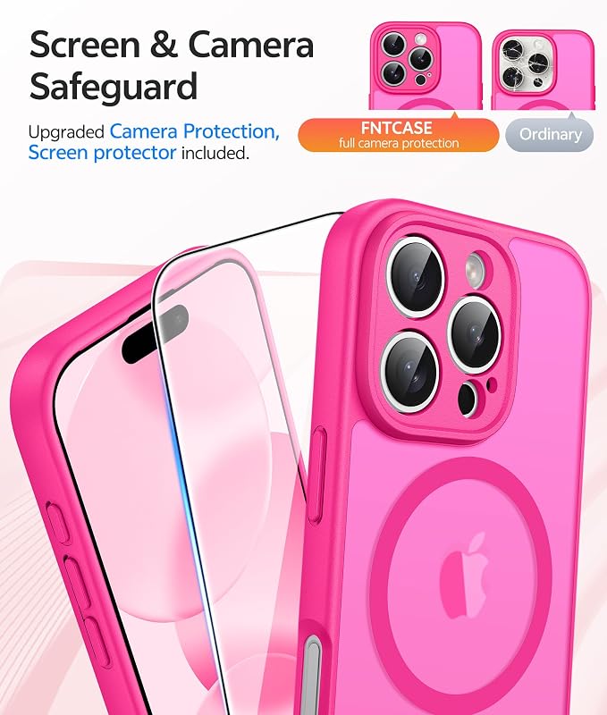 FNTCASE for iPhone 16 Pro Max Case, Fit for Magsafe, Glass Screen Protector | Full Camera Protection, Translucent Matte, 14FT Military Grade Drop Proof, Shockproof Protective Phone Cover, Hot Pink - Image 4