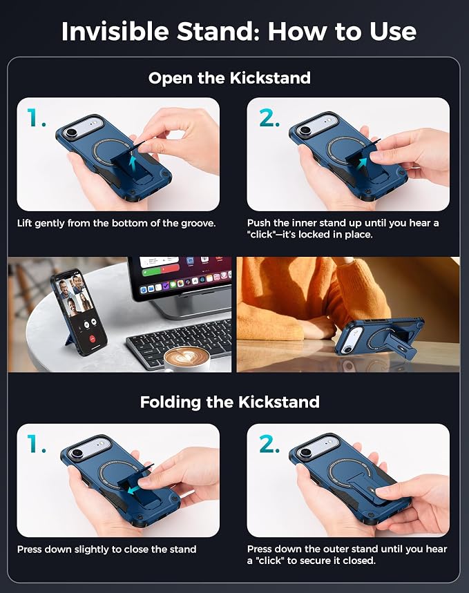 Goton 3 in 1 for iPhone Air Case with Privacy Screen Protector Blue | Glass Camera Lens Protector,Compatible for MagSafe,Invisible Kickstand, Shockproof Phone Cover for iPhone 17air - Image 8
