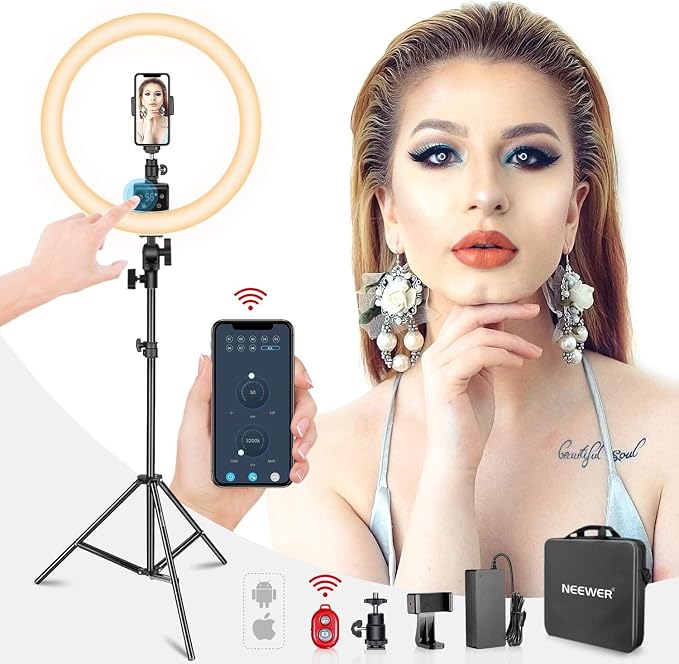 Neewer APP Control 16-inch LED Ring Light, Support Manual Touch Control with LCD Screen, Multiple Lights Control, 3200-5600K, Light Stand Included for Makeup YouTube Video Blogger Salon (White) - Image 2