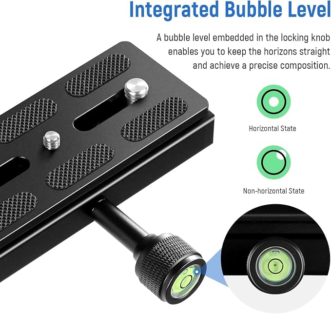 NEEWER Quick Release Plate with Clamp Adapter Set, 120mm QR Plate with Clamp, 3/8"&1/4" Screw, Bubble Level, 3/8” to 1/4” Screw Adapter, Compatible with Arca Swiss Tripod Monopod Ball Head - Image 7