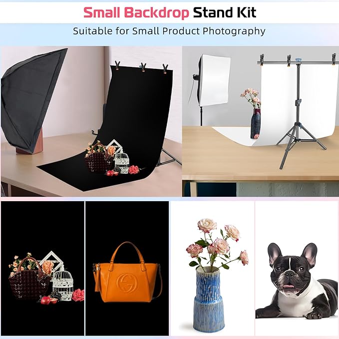 Product Photography Photo Backdrops Stand Kit, Photo Background, 26.8x50in White Black Backdrop Background with 26x29in Small T-Shape Backdrop Stand Tabletop Photo Shoot for Jewelry Cosmetics - Image 3