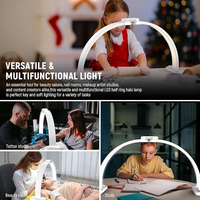 NEEWER Basic HM01-D 29" Arc Lamp, 40W Foldable LED Half Moon Table Nail Tech Light for Desk 3000K-6500K 3400lux/0.5m CRI95 USB Charging Phone Holder for Manicure Makeup Beauty Tattoo Overhead Shooting - Image 2
