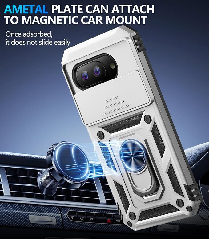 Taisairu for Google Pixel 9A Case with Screen Protector & Slide Camera Lens Cover, Built-in 360°Rotate Magnetic Ring Stand Shockproof Protective Phone Case for Google Pixel 9A Case (Silver) - Image 5