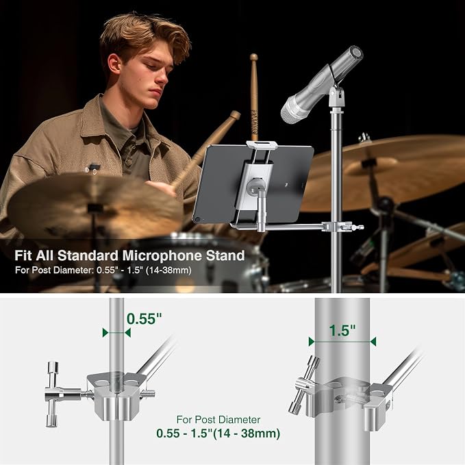 elitehood iPad Holder for Mic Stand, Aluminum Side Mount iPad Music Stand | 360° Swivel Tilt Adjustable Tablet Holder for Microphone Stand, Heavy Duty iPad Clip Attachment for 4.7-13in Tablets, Silver - Image 6