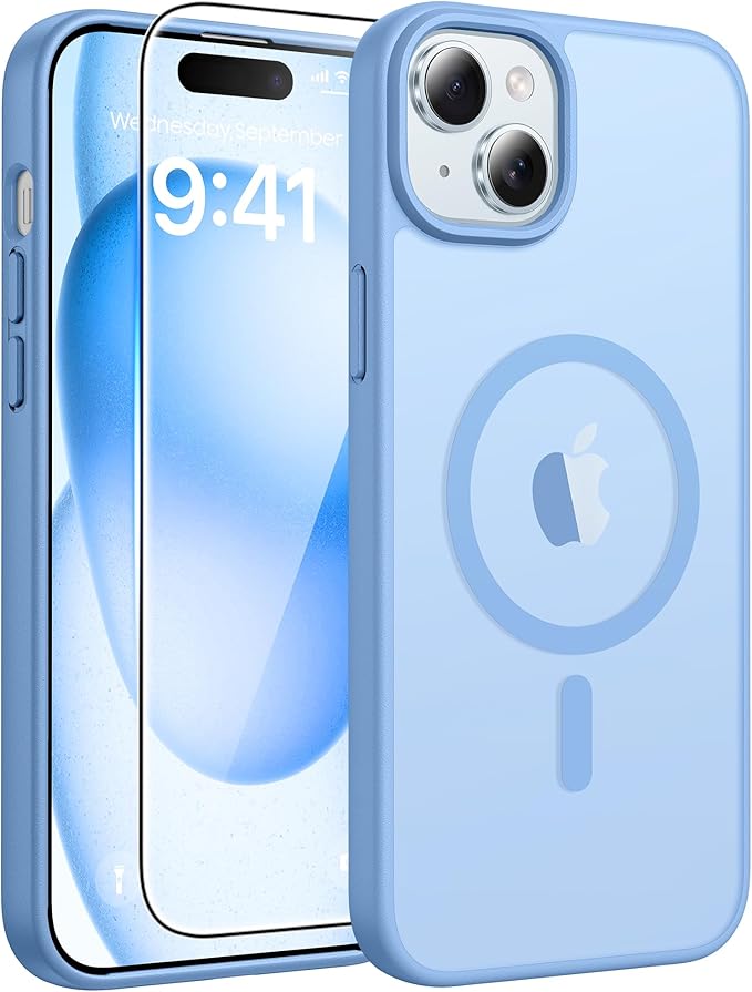 FNTCASE for iPhone 15/14/13 Case, Fit for Magsafe, Glass Screen Protector | Translucent Matte, Magnetic Phone Cases, 14FT Military Grade Drop Protection, Slim Shockproof Protective Cover, Light Blue by FNTCASE