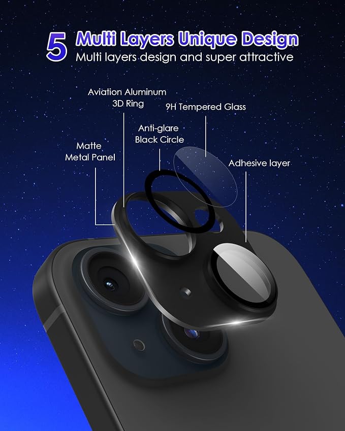 Compatible for iPhone 15/ iPhone 15 Plus/iPhone 14/ iPhone 14 Plus Camera Lens Protector Metal Plus Aluminium Alloy Ring 9H Tempered Glass Screen Camera Cover Black - Image 3