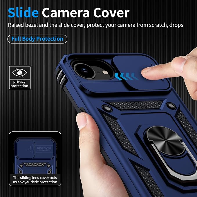 for iPhone 17e Case & iPhone 16e Case with 2X HD Screen Protector & Slide Camera Cover & Rotated Ring Kickstand, Rugged Heavy Duty Protective Phone Case for iPhone 17e/16e 6.1 inch, Blue - Image 4