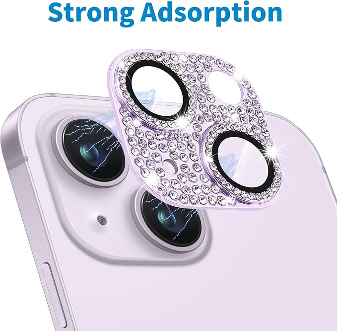 for iPhone 14 & iPhone 114 Plus Camera Lens Protector, Bling 3D Rhinestone Sparkle Diamond 9H Tempered Glass Camera Cover Anti Scratch Shockproof Metal Lens Screen Full Protective Cover, Purple - Image 4