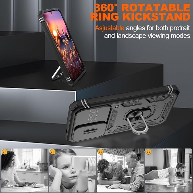 Gritup for Samsung Galaxy A57 5G Phone Case with Camera Cover | 2*Screen Protector & 360° Rotating Ring Kickstand, Military Grade Protective Cover para Samsung A 57, Black - Image 7