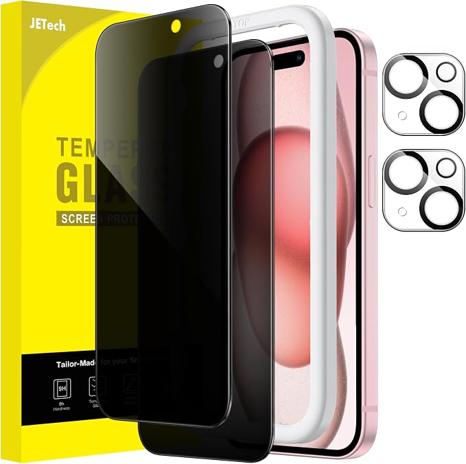 JETech Privacy Screen Protector for iPhone 15, 2+2 Pack | Anti-Spy Tempered Glass, with Camera Lens Protector, Easy Installation Tool by JETech