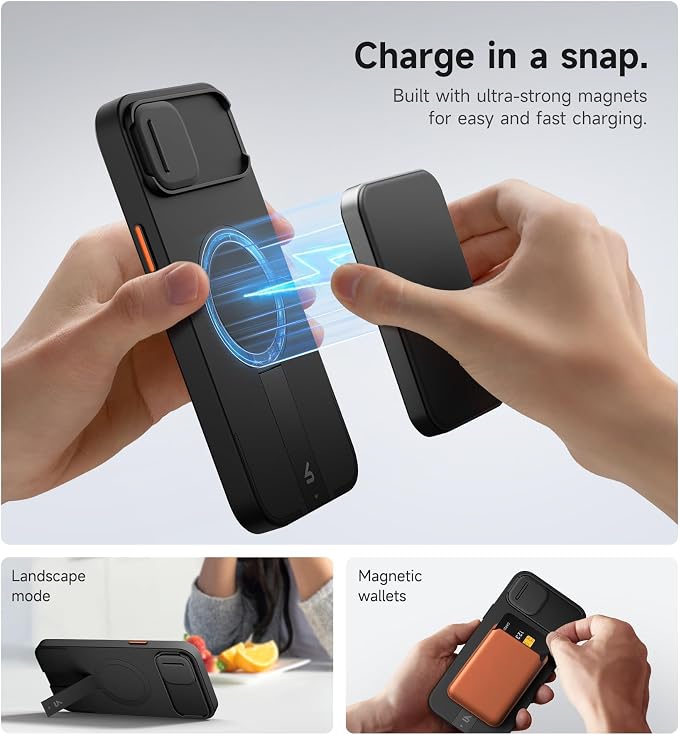 SURITCH for iPhone 14 Plus/15 Plus Case with Magnetic Camera Slide Cover and Adjustable Kickstand, Compatible with MagSafe, Shockproof Bumper Case Slim Protective Cover 6.7 Inch, Black - Image 3
