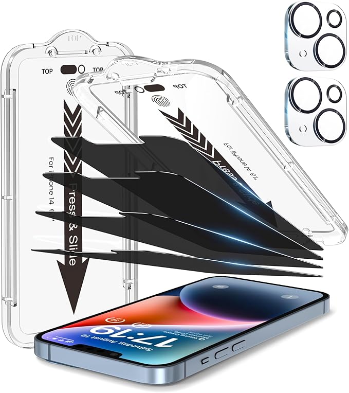 EZ-GLAZ-4+2 Pack for iPhone 14 Privacy Screen Protector (6.1") | 2-Pack Lens Protectors, Alignment Kit, Easy Installation, 9H+ Tempered Glass, Scratch Resistant, 28° Privacy Protection by EZ-GLAZ