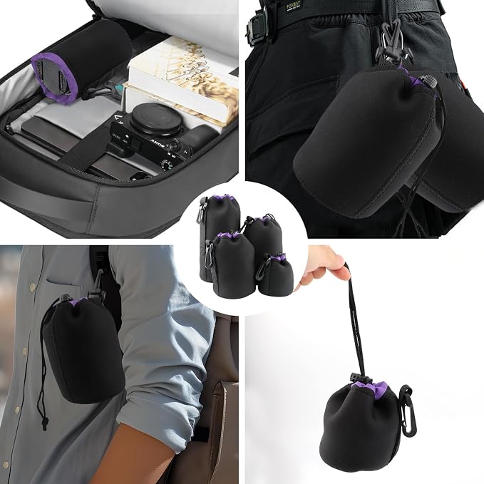 4Pcs Camera Lens Case Bag,4 Sizes Purple Water Resistant Protective Lens Pouch Set With Adjustable Drawstring Rotating Clamp,Replacement Compatible Thick Protective Neoprene for Canon,Nikon,Sony - Image 7