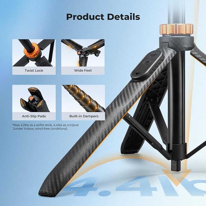 K&F CONCEPT Auto Open 62'' Selfie Stick Tripod with Remote for Vlog | 360° Ball Head Camera Tripod with 2-in-1 Phone Holder, Compatible with DJI Osmo Pocket 3 4 Insta360 Luna Ultra. MS34 - Image 7