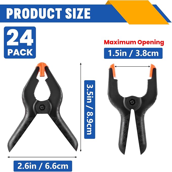 24 Pack 3.5 inch Plastic Spring Clamps, Backdrop Clips | Black Heavy Duty Clips, Plastic Clamps for Crafts, Backdrop Stand, Woodworking, Photography - Image 2