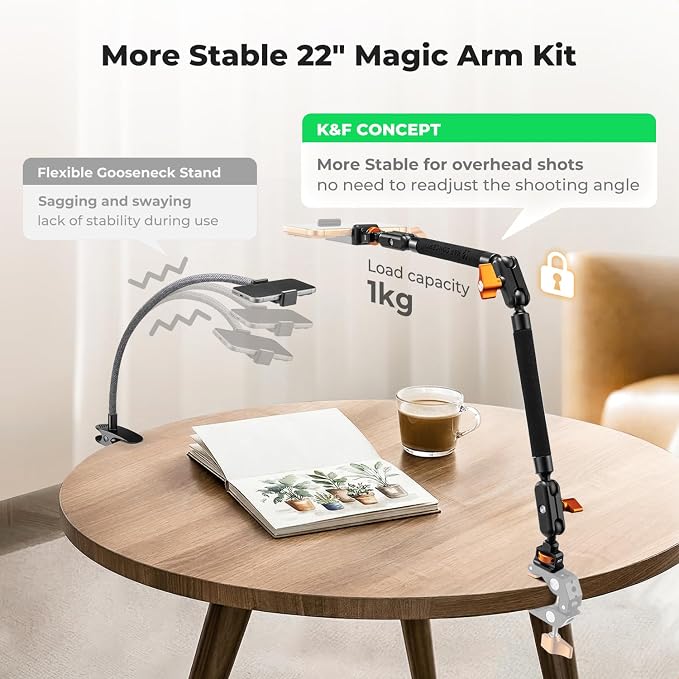 K&F CONCEPT 22" Magic Arm, Overhead Desk Camera Arm Mount, Long Articulating Friction Boom Arm for Phone, Action Camera, LED Light, Microphone - Image 3