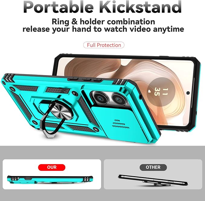 SunStory Compatible with Motorola Moto Edge 2025 Case with HD Screen Protector & Slide Camera Cover & Rotated Ring Kickstand, [Military-Grade] Phone Case for (Teal, Moto Edge 2025) - Image 2
