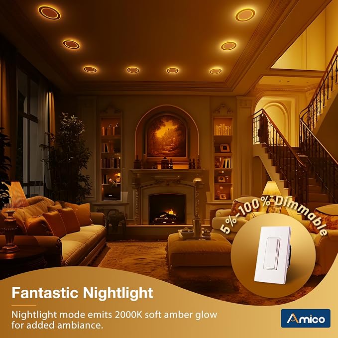Amico 1 Pack 6 Inch 5CCT LED Recessed Ceiling Light with Double Ring Night Light, 2700-5000K Selectable Ultra-Thin Recessed Lighting, 12W=110W, 1100LM, Dimmable Canless Wafer Downlight, ETL, FCC - Image 4