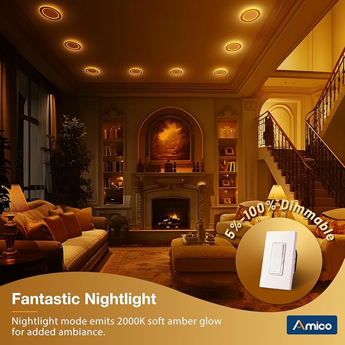 Amico 12 Pack 6 Inch 5CCT LED Recessed Light with Double Ring Night Light | 2700-5000K Selectable Ultra-Thin Recessed Ceiling Lighting, 12W=110W, 1100LM, Dimmable Canless Wafer Downlight, ETL, FCC - Image 6