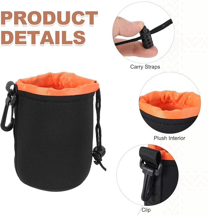 PATIKIL 2 Pcs Camera Lens Pouch, 4" ID x 6" H Drawstring Orange Interior Lens Pouch Protective Camera Lens Case Bag Soft Plush Neoprene Bag for DSLR Photography Gear, Black/Orange - Image 3