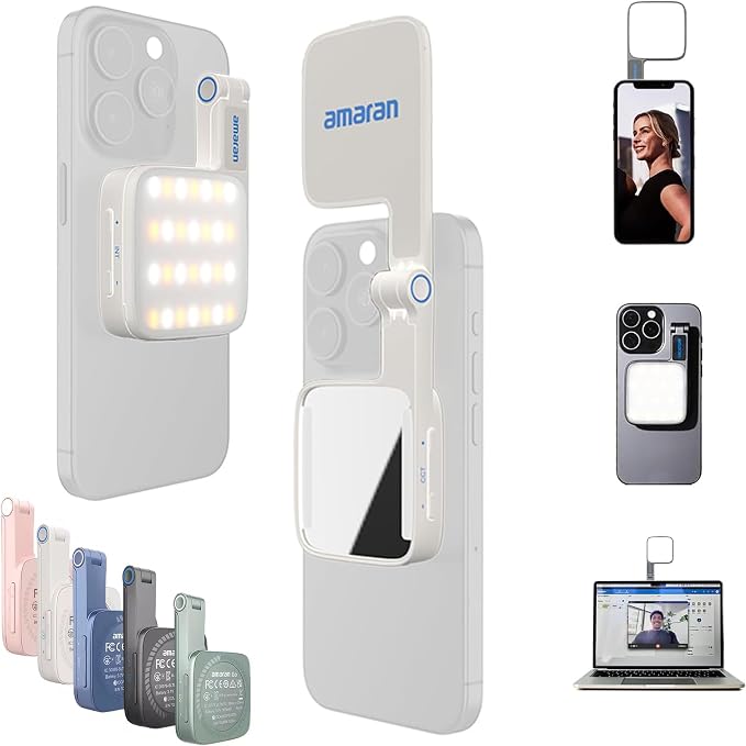 Amaran Go Magnetic Selfie Phone Light,Dual LED Light Source (White) | with Adjustable Mirror Light CCT 2700K-6500K,Rechargeable for Selfie,Makeup,Video Conference,TikTok,for iPhone & Android by Aputure