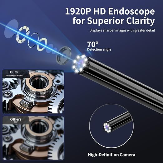 Endoscope Camera with Light, 1920P HD Borescope Inspection Camera | with 8 Adjustable LEDs, IP67 Waterproof Semi-Rigid Snake Cable for Android, iPhone, and iPad(16.4ft, Single Lens) - Image 2