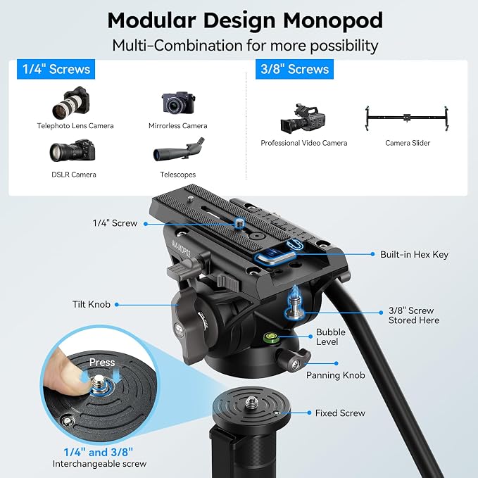 SIRUI AM-MDP02 Video Monopod with Feet, 74" Fluid Head, 8kg Load for DSLR | 74" Portable Video Monopod with Fluid Head, Stable Feet, Smooth Pan & Tilt, 8kg/17.6lb Load for DSLR Cameras and Camcorders - Image 5