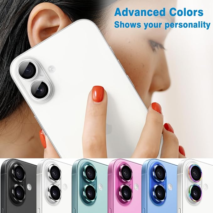 Designed for iPhone 16 and 16 Plus Camera Lens Protector, Metal Lens Cover 9H Tempered Glass Camera Cover Anti Scratch Shockproof Screen Protector, - Image 7