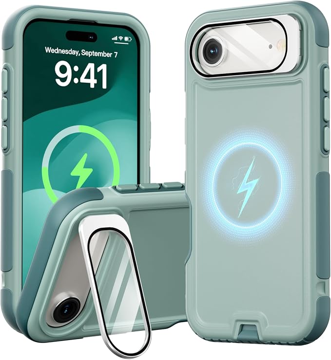 Follaroma Magnetic for iPhone 17 Air Case with Camera Cover Stand, Green | Built-in Glass Camera Cover Stand,Compatible with MagSafe,Heavy Duty Shockproof Protective,Military-Grade Anti-DropDual Case by Follaroma