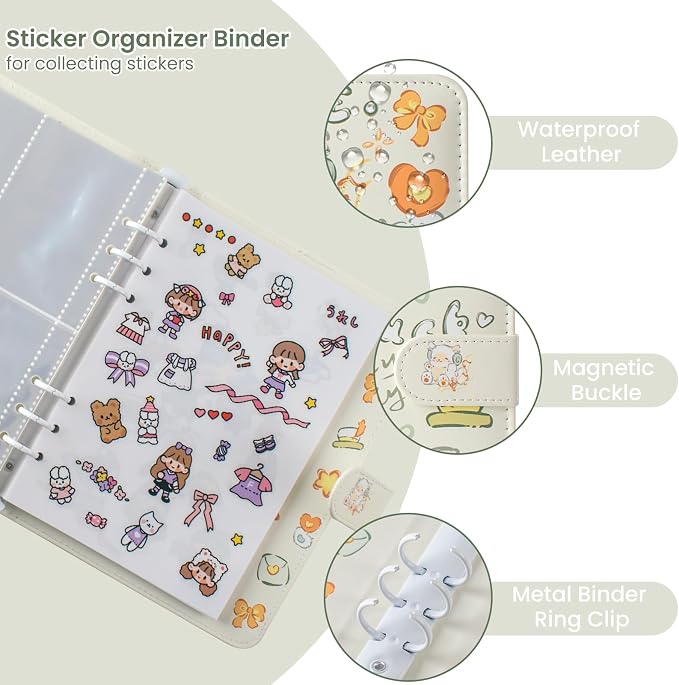 Reusable Sticker Book Collecting,A5 Binder Album Storage Organizer with Blank Release Paper and Pocket for Adult Kids,Cartoon Leather Binder Cover & Magnetic Buckle Closure(Beige) - Image 2