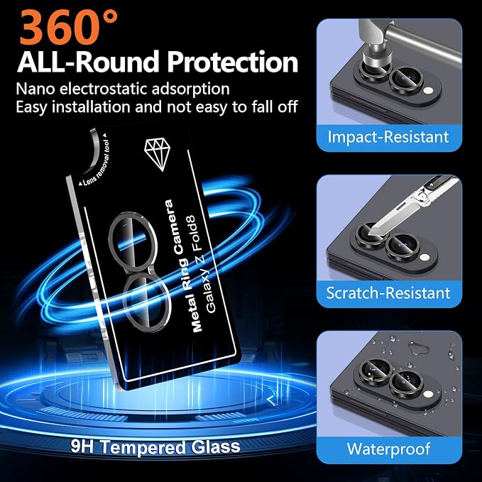 for Samsung Galaxy Z Fold 8 Camera Lens Protector, Individual Metal Ring Tempered Glass Lens Cover, [Strong Adsorption] Scratch Resistant Ultra-Thin HD Clear Lens Cover, 1 Set-Black - Image 2