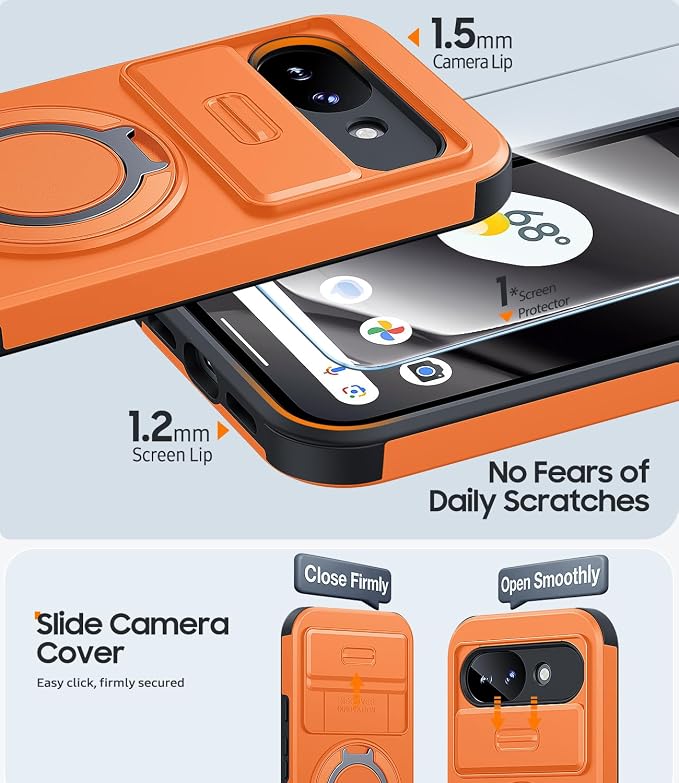 JAME for Google Pixel 10A Case with Ring Stand & Slide Camera Cover Orange | Ring Holder Kickstand, Screen Protectors, Dual-Layer Shockproof Protective, Magnetic Accessory Friendly Phone Case, Orange - Image 5
