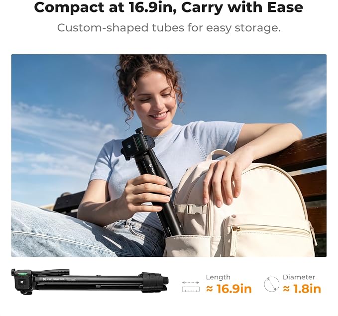 K&F CONCEPT 57.9'' Tripod for Phone& Camera, Compact Portable Travel Tripod | Folds to 17'' Weighs 1.36lbs, 360° Rotation & +90°/-85° Tilt Max Load 4.4lb, Compatible with Smartphones, Cameras. S204A1 - Image 2