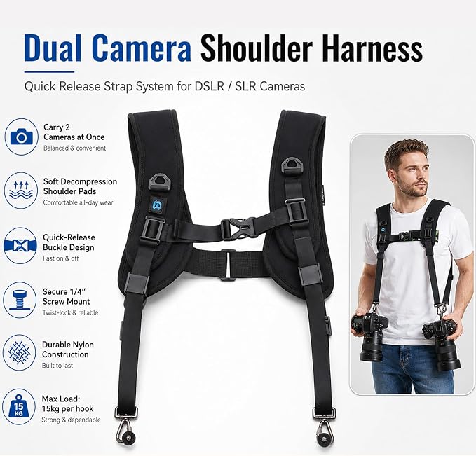 PULUZ Dual Camera Shoulder Harness for DSLR SLR Cameras with Quick Release | Double Camera Tether Strap, Soft Pad Decompression Strap Belt With 1/4 inch Screw - Image 4