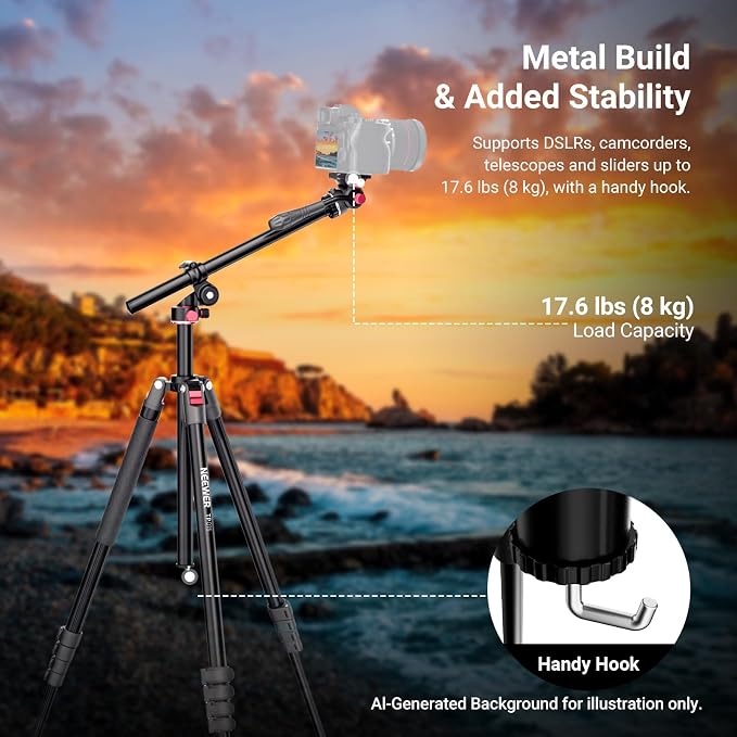 NEEWER Basics Overhead Camera Tripod Monopod with Fluid Head & Horizontal Center Column, 75.4 Inch Tall Metal DSLR Video Travel Stand, Arca Type QR Plate & Reversible Legs, Max Load 17.6 lb, TP015 - Image 7