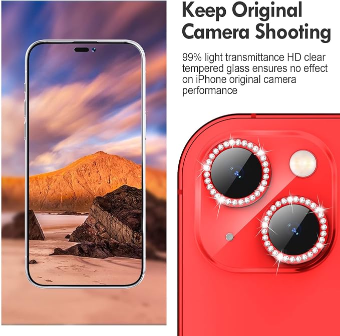 for iPhone 14/14 Plus Camera Lens Protector Bling Diamond, Red | Individual Metal, 9H Hardness, Scratch Resistant, Shockproof, Drop Protection, Case Friendly, Stylish Accessories - Image 4