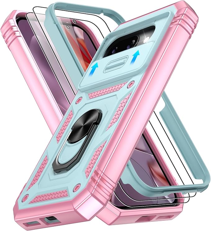 Gritup for Pixel 9A Case Military-Grade Shockproof with Kickstand | with 2 PCS Screen Protector, Slide Camera Cover, Heavy Duty Outdoor Protection Funda para Google 9 A Phone Cover, Green+Pink by Gritup
