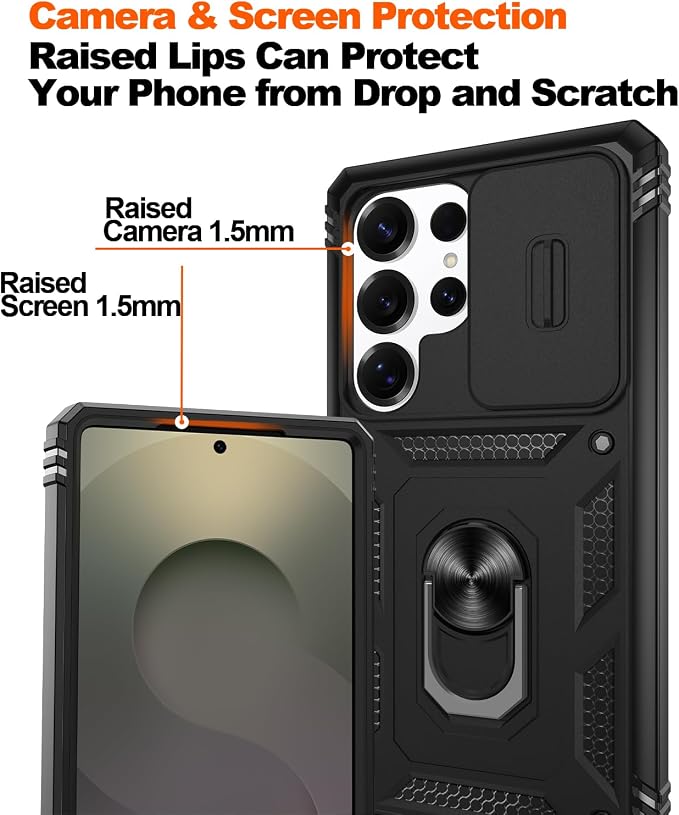 Gritup Fit for Samsung Galaxy S25 Ultra Case with Slide Camera Cover | 2 Pcs Screen Protector, Build in 360° Rotating Ring Kickstand, Military Grade Protective Phone Case, Black - Image 5