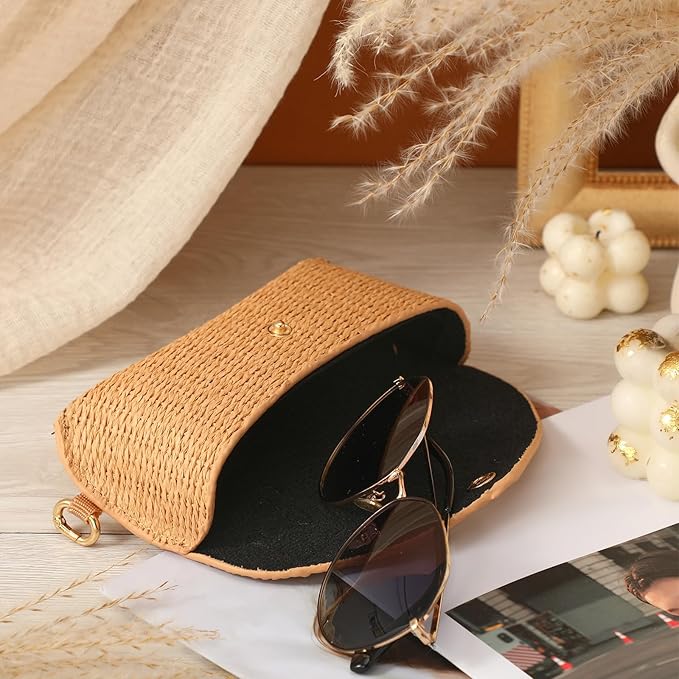 Leinuosen Woven Straw Sunglasses Case with Clip Hard Shell Rattan - Image 3