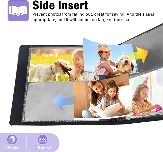 Aevdor 4x6 Photo Album, 136 Pockets, Leather Cover, Purple | Clear Side-Loading Pockets, Black Inner Pages, Elastic Closure Strap, Family, Wedding, Baby & Travel Photo Storage - Image 4