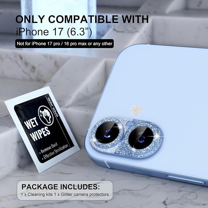 Choiche for iPhone 17 Camera Lens Protector, Glitter-Mist Blue | Bling Metal Camera Cover with 9H Tempered Glass Lens Screen Protector Accessories, Strong Adsorption, Case-Friendly - Image 2